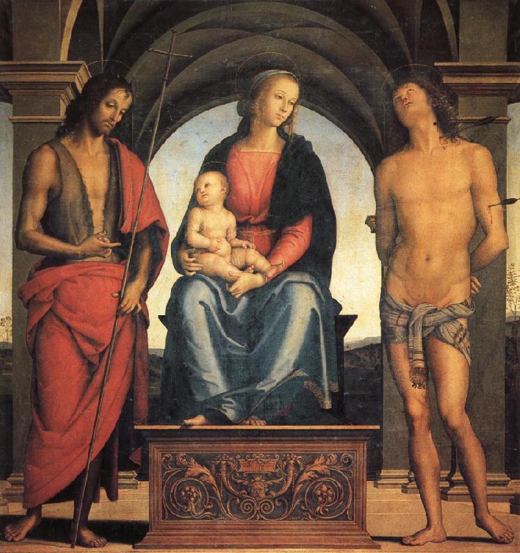 PERUGINO, Pietro Madonna and Child Enthroned with SS.John the Baptist and Sebastian oil painting picture
